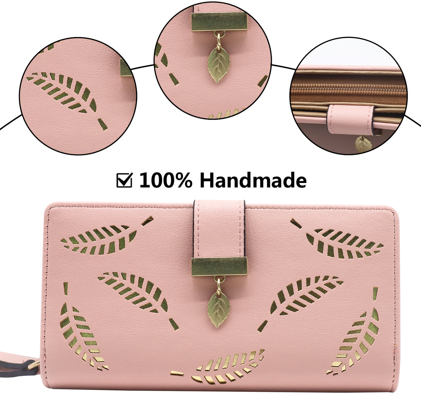SANNIDHI  Women's Leather Wallet Hollow Leaf Pattern Bifold Long Wallet (Pink)