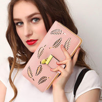 SANNIDHI  Women's Leather Wallet Hollow Leaf Pattern Bifold Long Wallet (Pink)