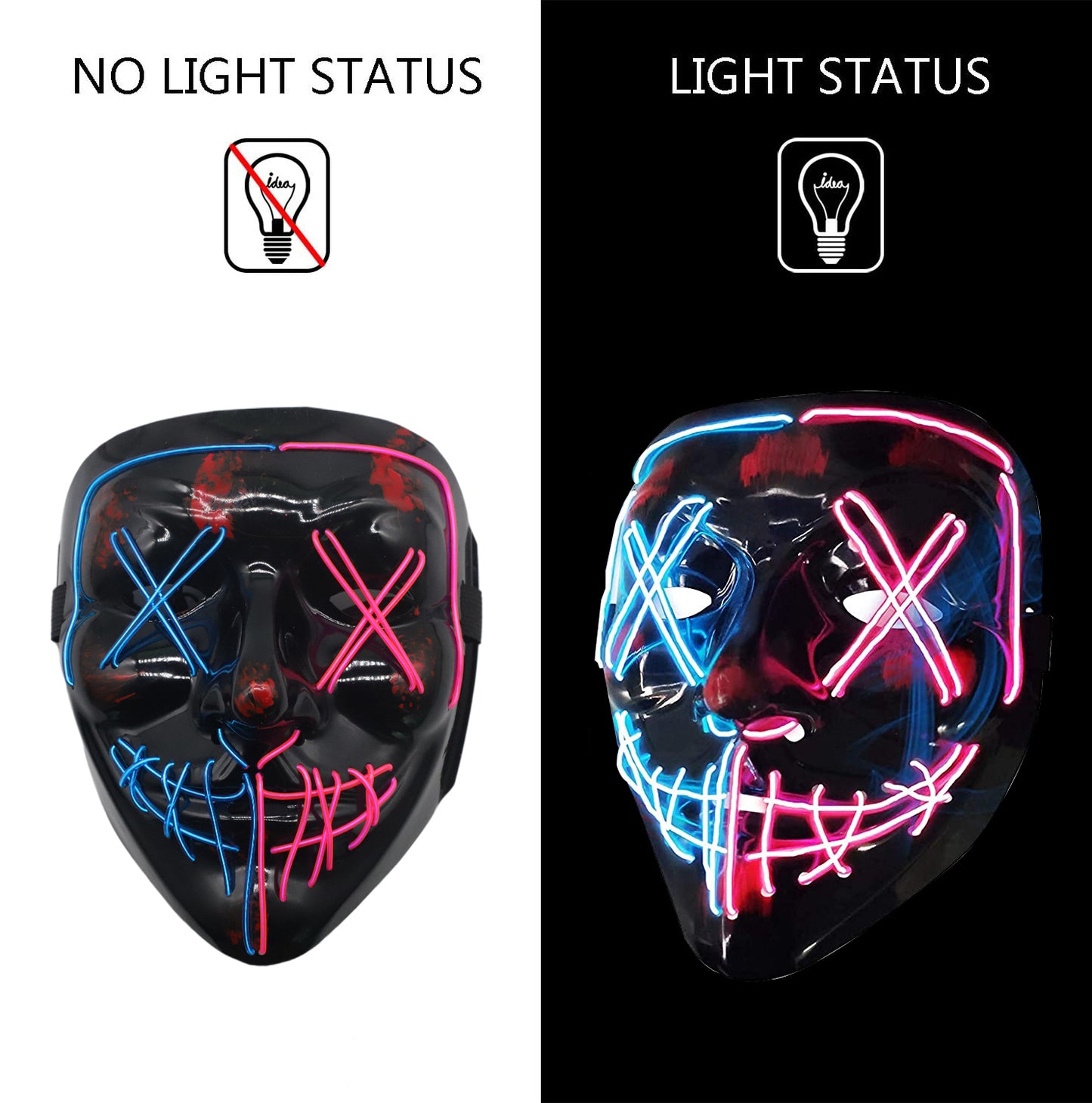 PATPAT  Halloween Light Up Mask LED Mask EL Wire Scary Mask for Halloween Festival Party ,Masquerade Cosplay Light Up Face Mask for Men Women Kids (Half Blue & Pink)