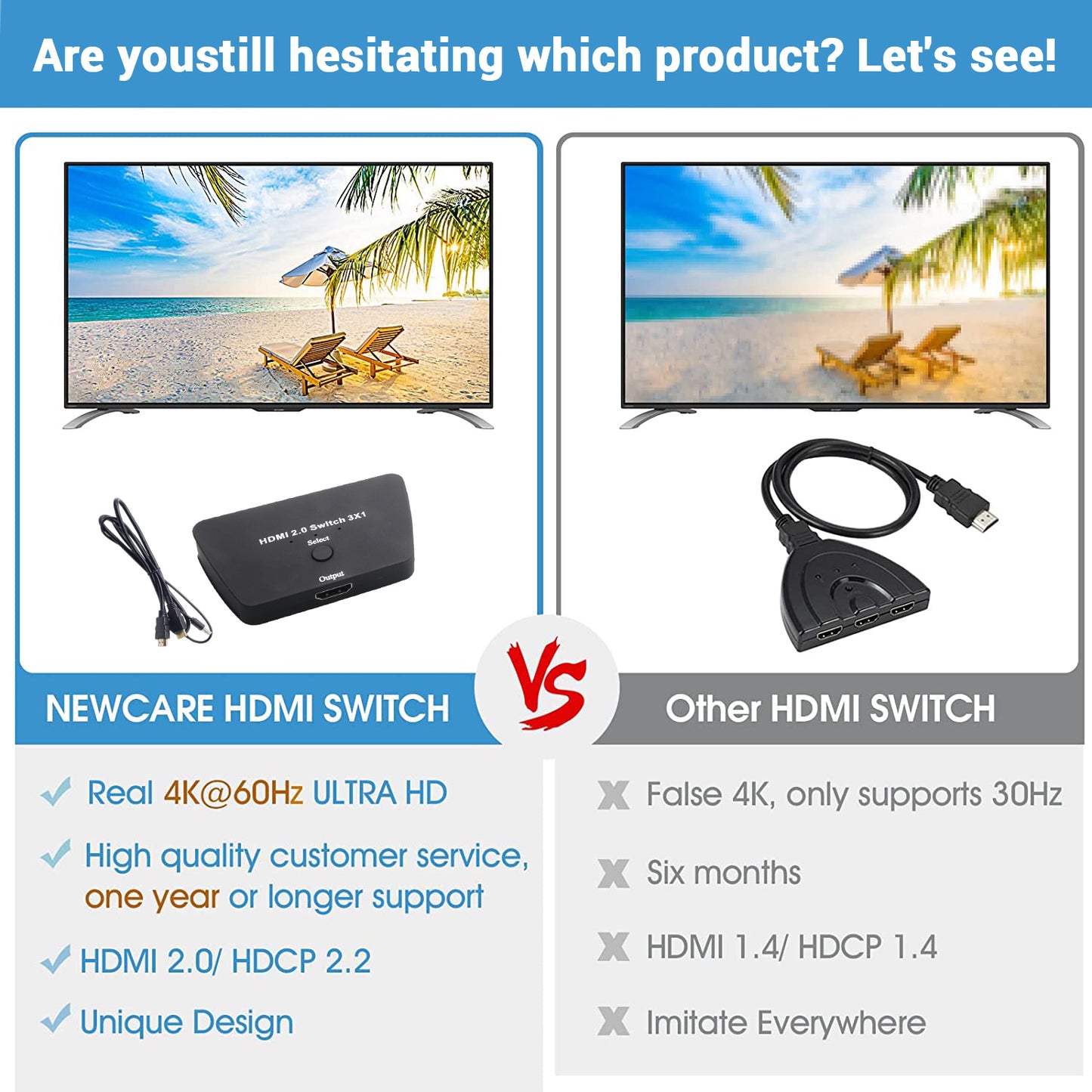 Verilux 4K@60Hz HDMI Switch,4K 60hz HDMI Splitter,Support HDCP2.2,HDR,1080P 3D,HDMI Switcher 3 in 1 Out for Fire Stick,PS5,Sky Box,X Box,Games Consoles,DVD,PC,Roku,fire Cube Etc