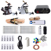 MAYCREATE  Tattoo Machine Set for Beginner 2 Machine Gun Pigment Tips Power Supply Set 5 Needle(Silver and Black, 3 Pin EU Plug