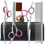 Qpets  Dog Grooming Scissors Kit with Safety Round Tips Stainless Steel Professional Dog Grooming Shears Set - Thinning, Straight, Curved Shears and Comb for Long Short Hair for Dog Cat Pet (4 PCS)