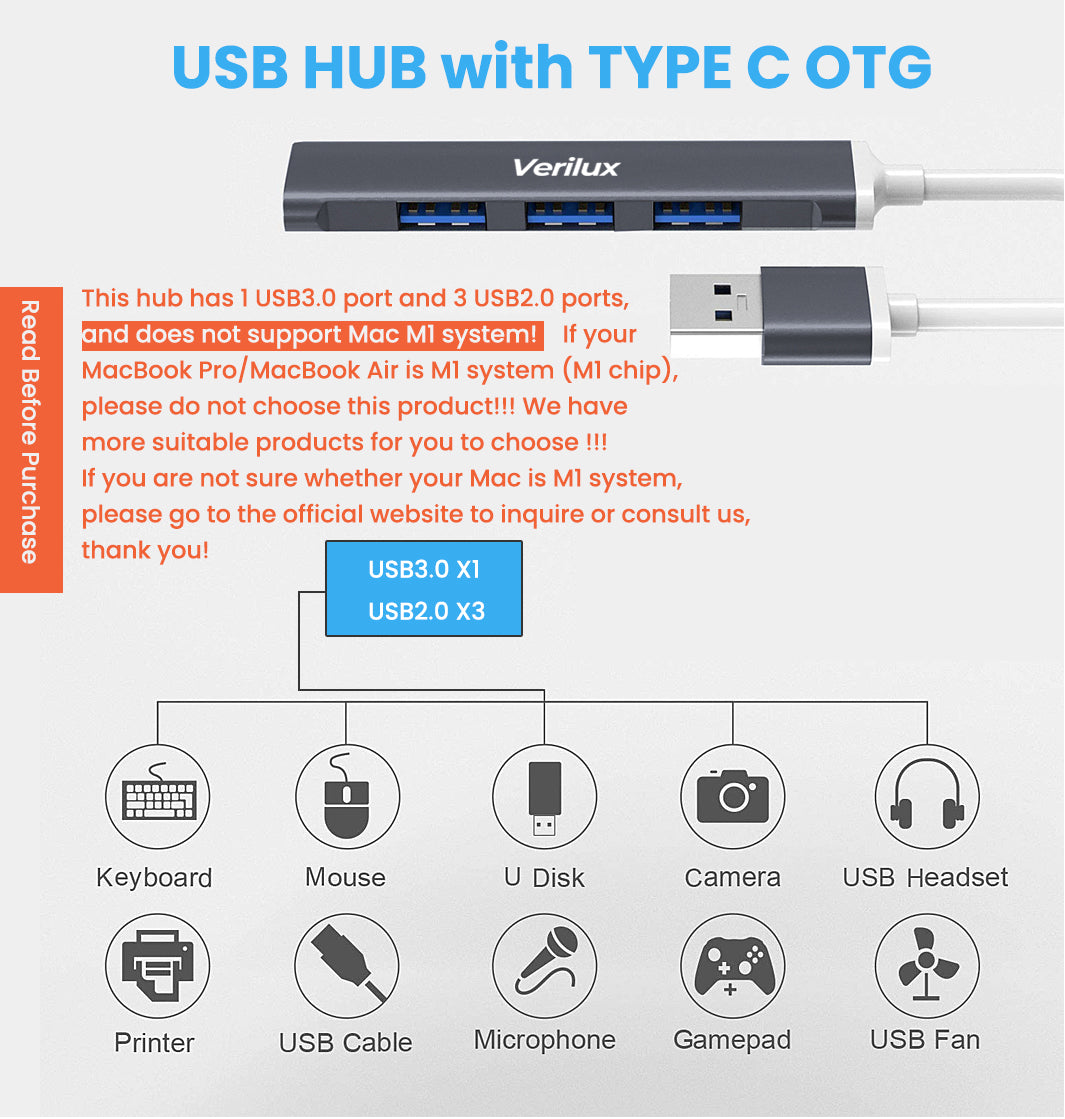 Verilux  USB Hub with USB C OTG Adapter,USB C HUB,USB 3.0 to Type C Adapter Connector,4 Ports Aluminum USB Hub 3.0 Compatible for PC, MacBook, Mac Pro, Mac Mini, iMac, Surface Pro, XPS, PC