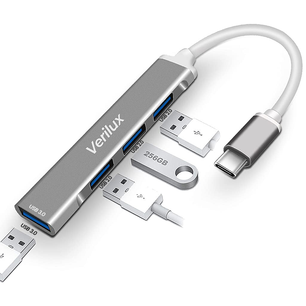 Verilux USB C Hub, USB Hub with 4 USB Ports, High Speed Aluminum Type C Hub Compatible with MacBook, Windows, C-Type Smartphones and Other Type-C Devices (Space Grey)