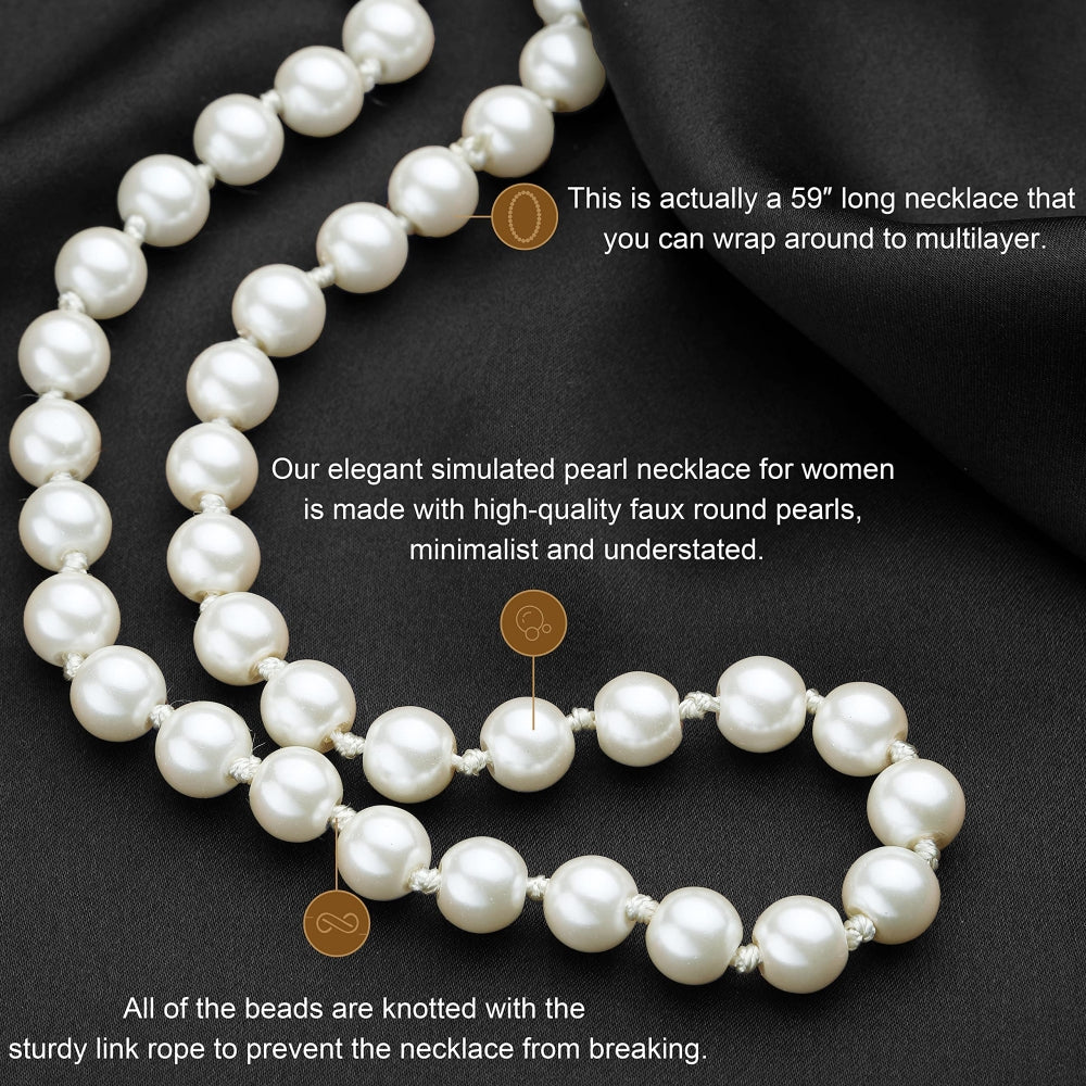 SANNIDHI  Pearl Necklace for Women Girls 3 Layer 59inch Long Choker Cream White Faux Pearls Strand Necklace Fashion Elegant Jewelry