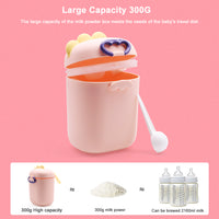 SNOWIE SOFT 300 Grams Baby Formula Dispenser, Portable Milk Powder Dispenser Container with Carrying Handle and Scoop, Foodgrade PP Double Layer Anti-Leak Design for Outdoor Travel Home (Pink)
