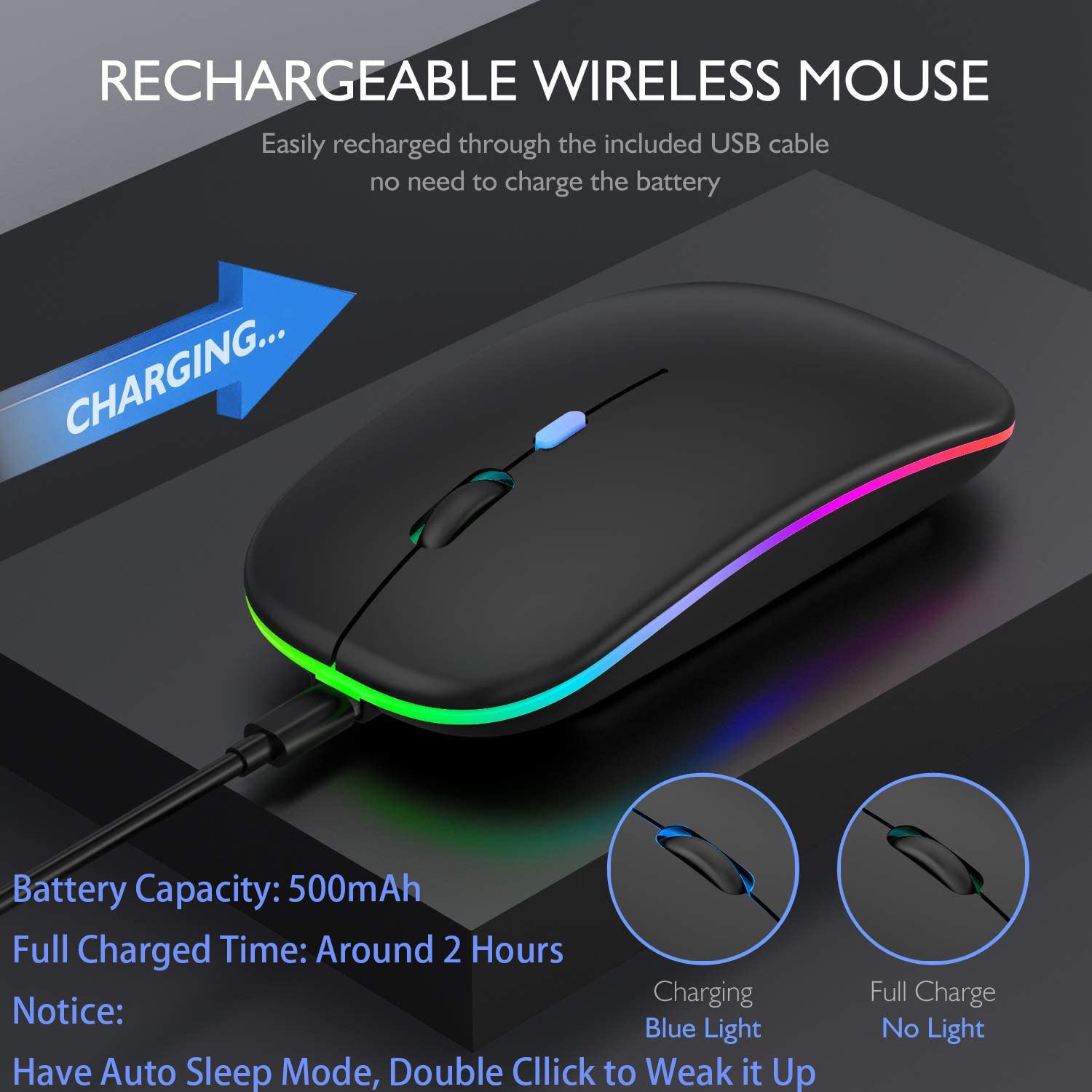 Eleboat® Portable Wireless Bluetooth Mouse,LED Rechargeable Dual Mode(Bluetooth 5.0 and 2.4G Wireless) - Black