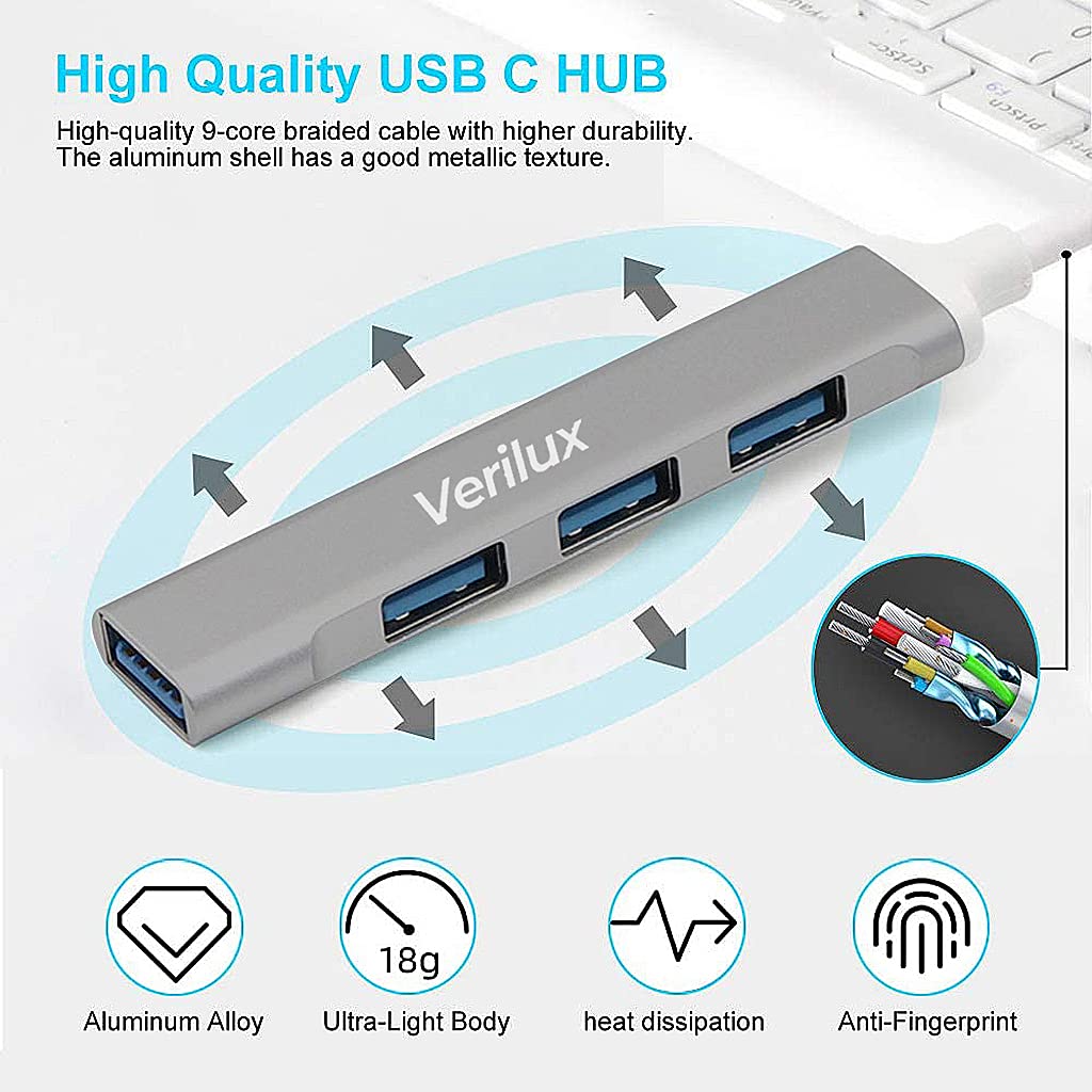Verilux USB C Hub, USB Hub with 4 USB Ports, High Speed Aluminum Type C Hub Compatible with MacBook, Windows, C-Type Smartphones and Other Type-C Devices (Space Grey)