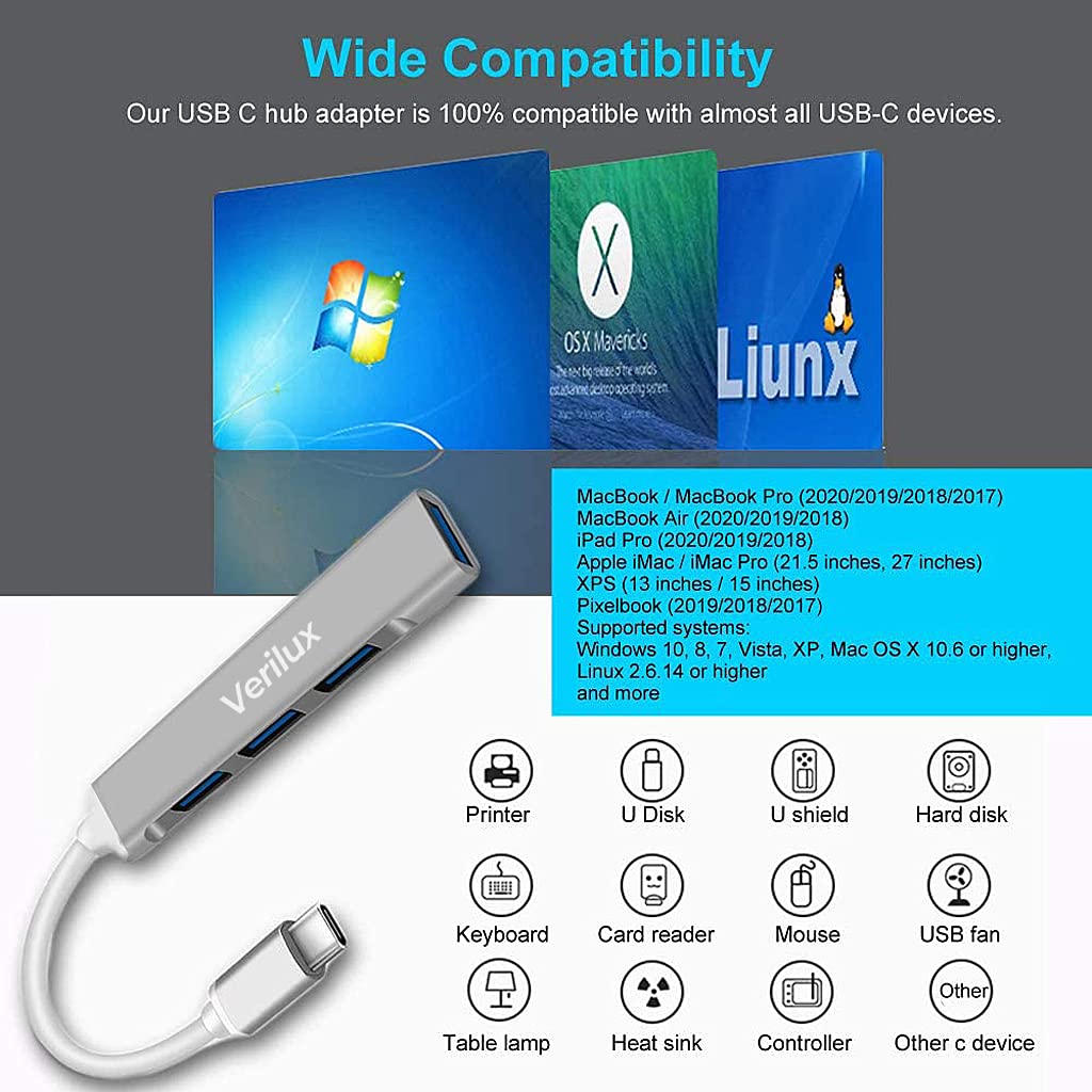 Verilux USB C Hub, USB Hub with 4 USB Ports, High Speed Aluminum Type C Hub Compatible with MacBook, Windows, C-Type Smartphones and Other Type-C Devices (Space Grey)