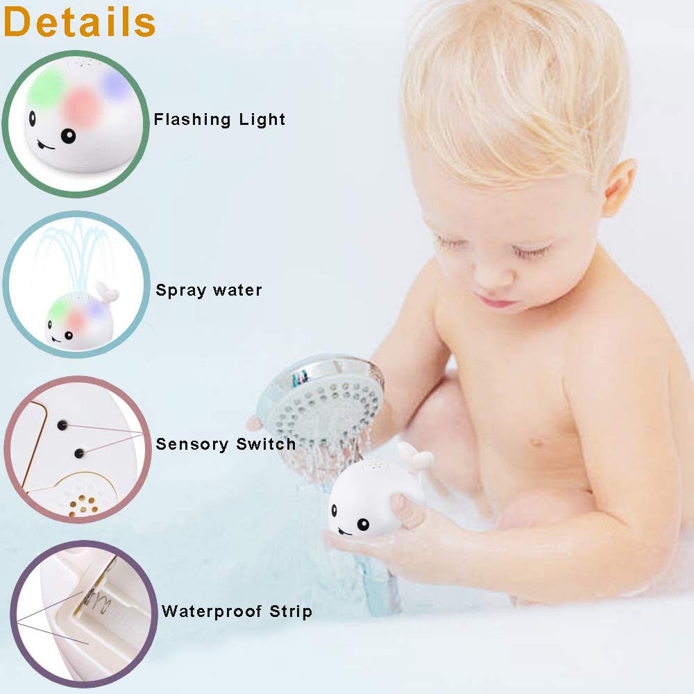 PATPAT  Baby Bath Toys, Whale Spray Toy Whale Induction Spray Water Toy with LED Light Up Sprinkler Toy for Kids Toddler Infant 0-6 Months,1,2,3,5 Years Bathtime Gift - White