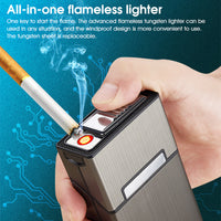 GUSTAVE  Cigarette Case with USB Electric Lighter for Men, Rechargeable Flameless Lighter, Plastic Material, Brushed Aluminum Finish, Holds 20 Cigarettes (Black)