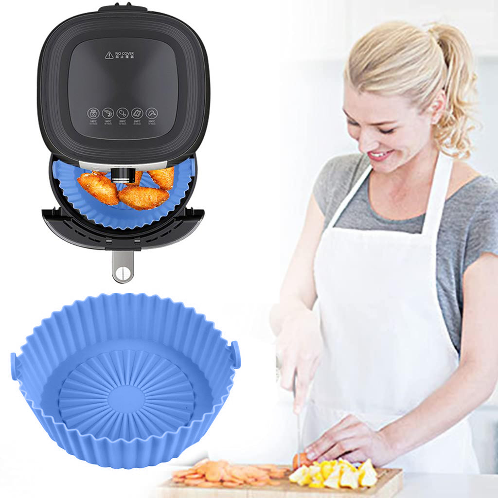 HASTHIP  Air Fryer Reusable Silicone Pot, Air Fryer Pot with Ear Handles, Air Fryer Accessories, Easy to Clean,6.5 in, Air Fryer Silicone Liner Wave Stripe Texture for Even Heat, Blue