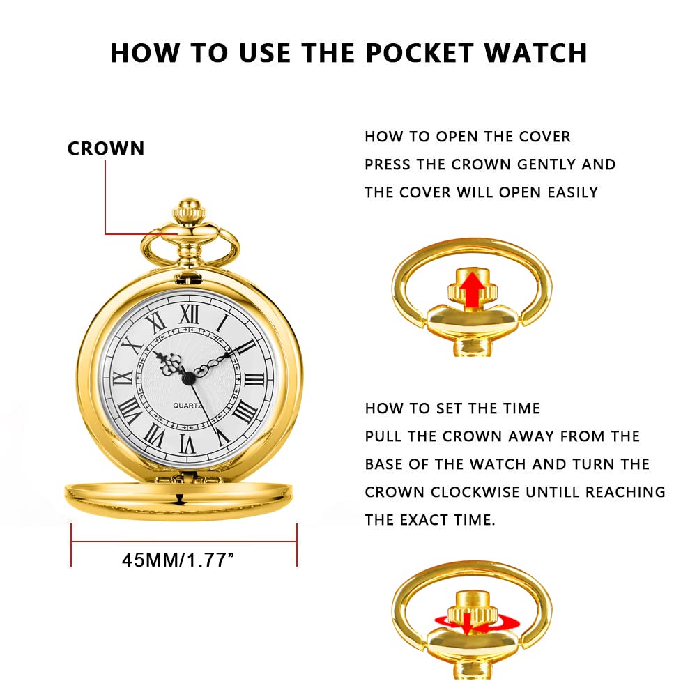 ZIBUYU  Pocket Watch with Chain for Men Antique Retro Style Alloy Pocket Watch Special Birthday Gift for Husb 4.6 CM Diameter -Golden
