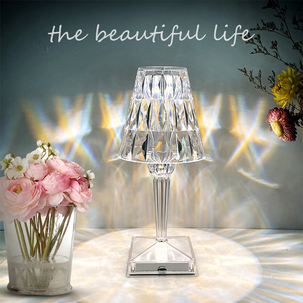 ELEPHANTBOAT Crystal Table Lamp Touch Lamp Romantic Rose Crystal Diamond Table Lamps Touch Color Changing Light, Acrylic Rechargeable Modern Style Crystal Bedside Lamp for Bedroom(Style 2)