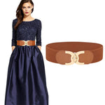 ZIBUYU Fashion Wide Elastic Belt for Women-Gold Buttons Elastic Wide Leaf Waist Belt for Jumpsuit Dress Party, Brown