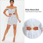 ZIBUYU Fashion Wide Elastic Belt for Women-Gold Buttons Elastic Wide Leaf Waist Belt for Jumpsuit Dress Party, Brown