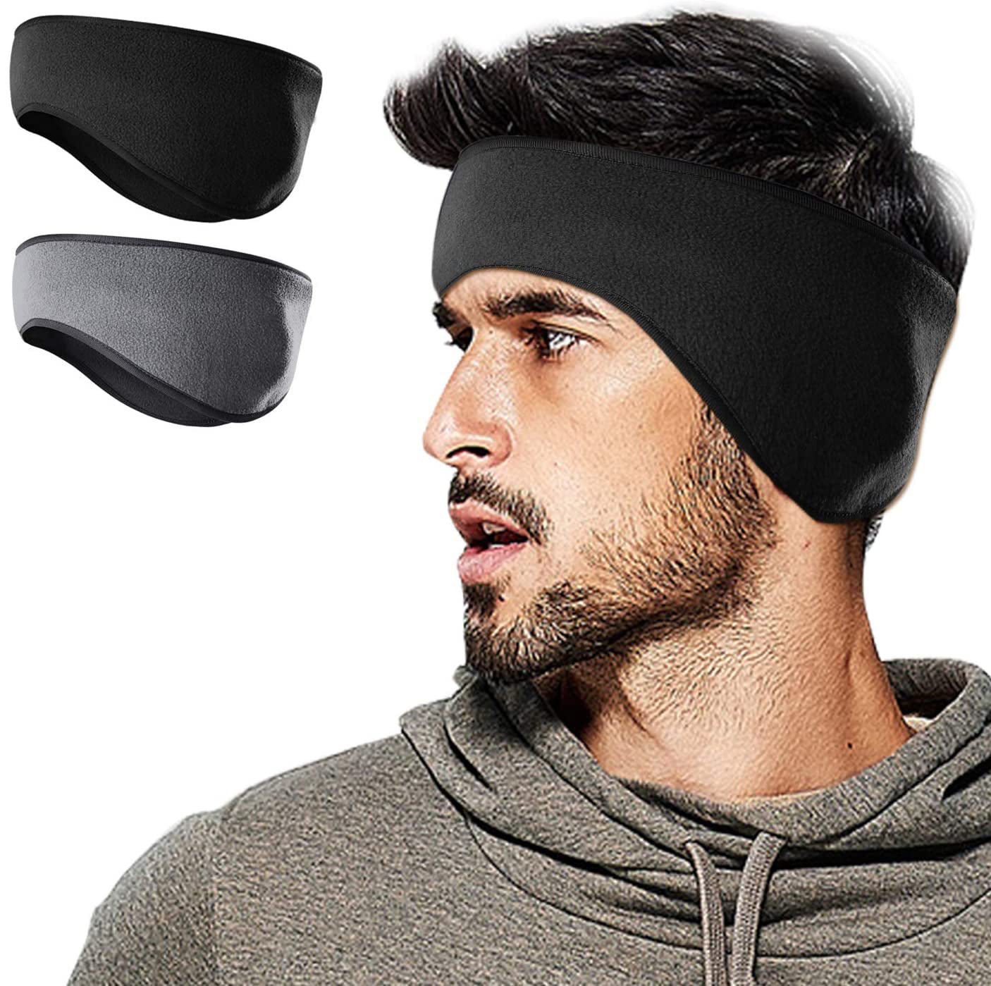 ZIBUYU 2 pcs Fleece Elastic Headband Ear Muffs Winter Headband for Unisex Winter Outdoor Headband - Black & Grey