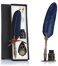 HASTHIP Vintage Carving Feather Pen Set, Glittering Quill Pen Set Antique Calligraphy Writing Dip Pen with Black Ink, 2 Replacement Nibs, Pen Stand Base, Luxury Signature Pen (Blue)