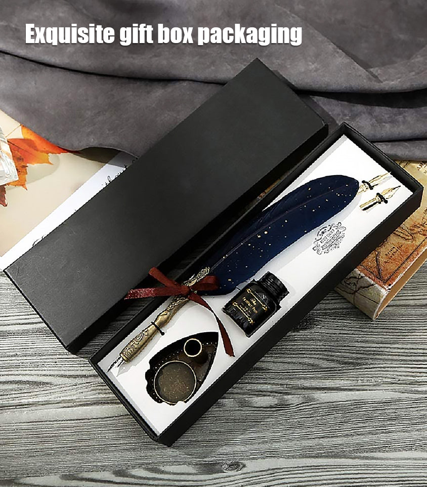 HASTHIP Vintage Carving Feather Pen Set, Glittering Quill Pen Set Antique Calligraphy Writing Dip Pen with Black Ink, 2 Replacement Nibs, Pen Stand Base, Luxury Signature Pen (Blue)