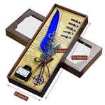 HASTHIP Feather Pen Set, Mechanical Style Metal Nibs Feather Fountain Pen with Ink, 5 Replacement Nibs Set, Luxury Antique Calligraphy Writing Dip Pen for Gift, Decor (Blue)