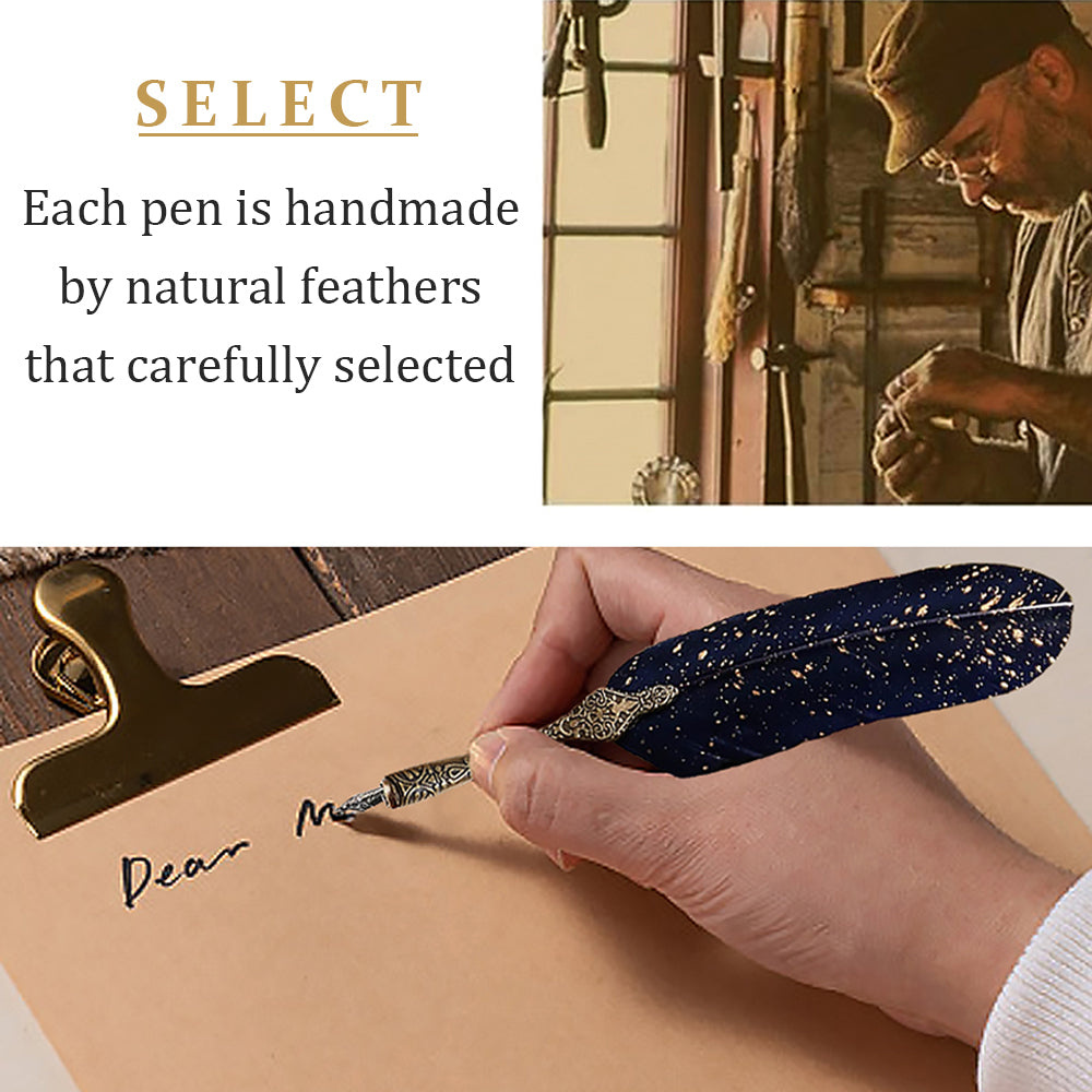 HASTHIP Vintage Carving Feather Pen Set, Glittering Quill Pen Set Antique Calligraphy Writing Dip Pen with Black Ink, 2 Replacement Nibs, Pen Stand Base, Luxury Signature Pen (Blue)