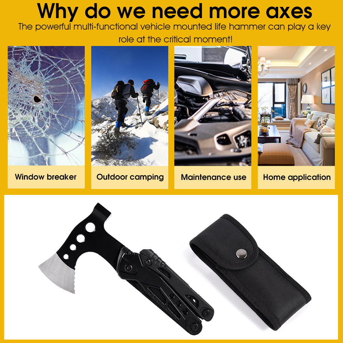 Proberos Foldable Multi Tools Kit, 15 in 1 Multifunction Axe Tool Camping Accessories for Hiking Household, Foldable Hammer Axe Plier Bottle Opener Whistle Camping Equipment with 3 Screw Bit