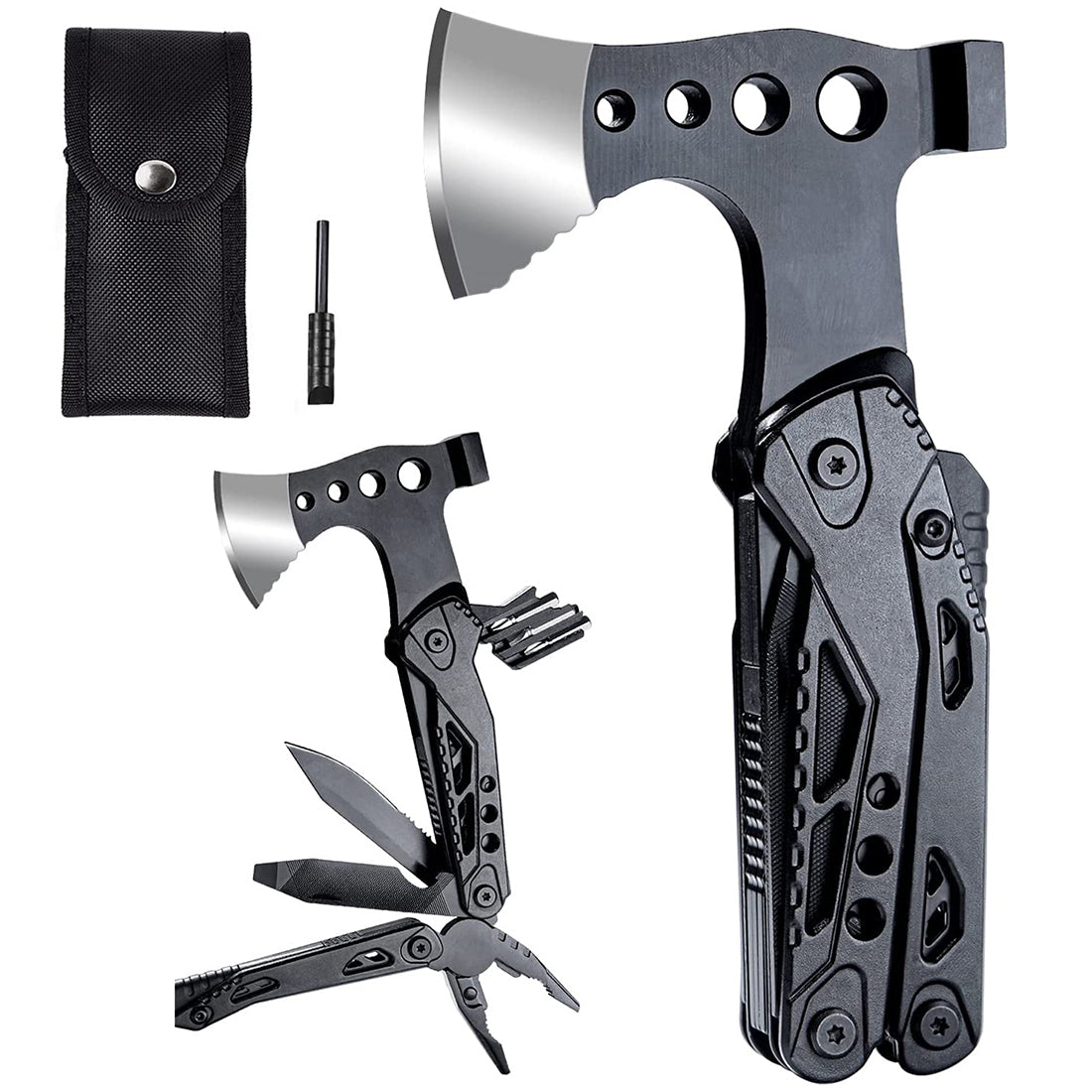 Proberos Foldable Multi Tools Kit, 15 in 1 Multifunction Axe Tool Camping Accessories for Hiking Household, Foldable Hammer Axe Plier Bottle Opener Whistle Camping Equipment with 3 Screw Bit