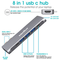 Verilux USB C Hub Adapter,8 in 2 Multiport MacBook Pro USB-C Accessories with 3 USB 3.0 Ports,4K HDMI,TF/SD Card Reader,Thunderbolt 3 Port,USB-C Port,100W PD Port for 13 15 16 inch MacBook