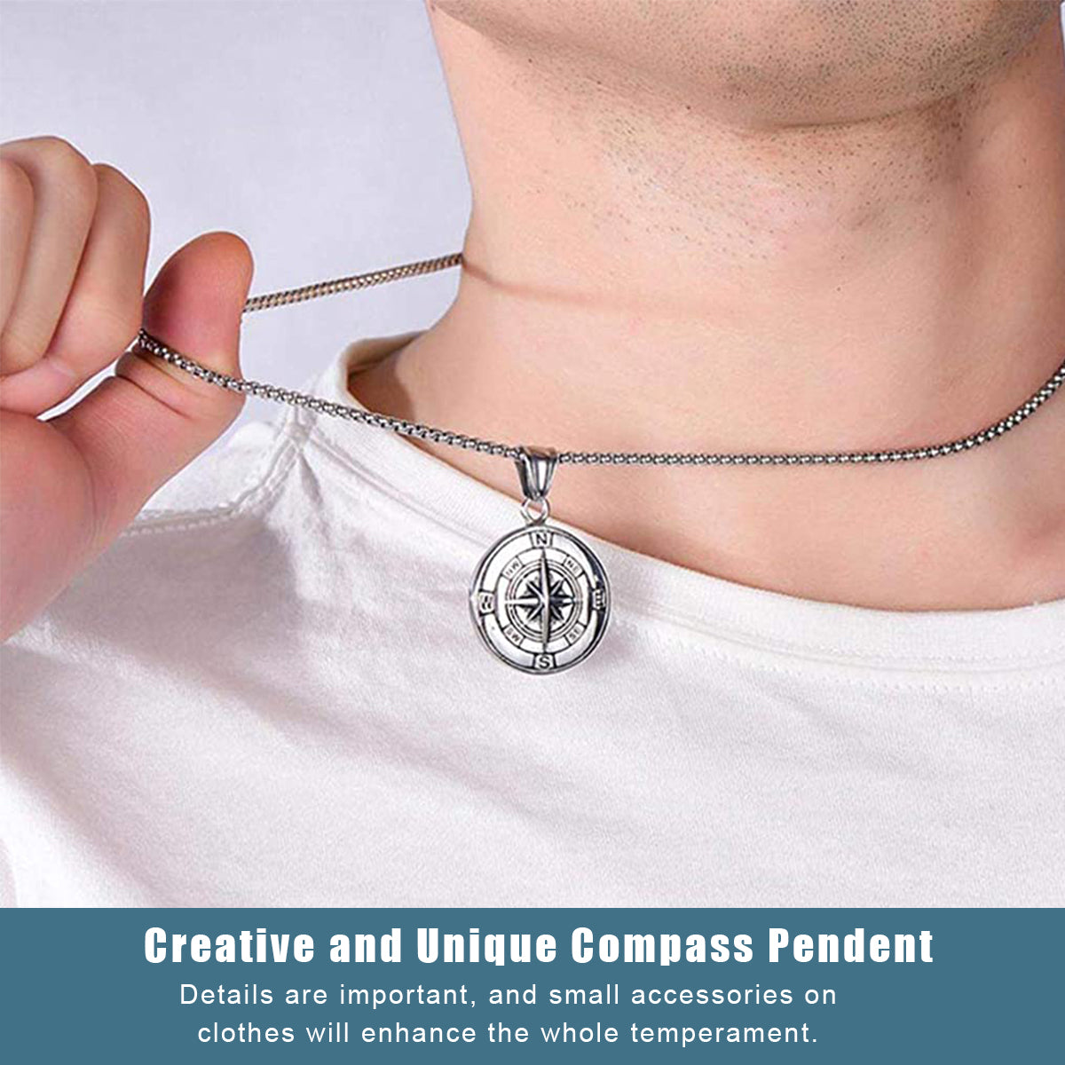 SANNIDHI Titanium Steel Necklace with Pendent for Men,Men Chain Pendent Creative Compass Pendants Jewelry with Gift Packing-Silver