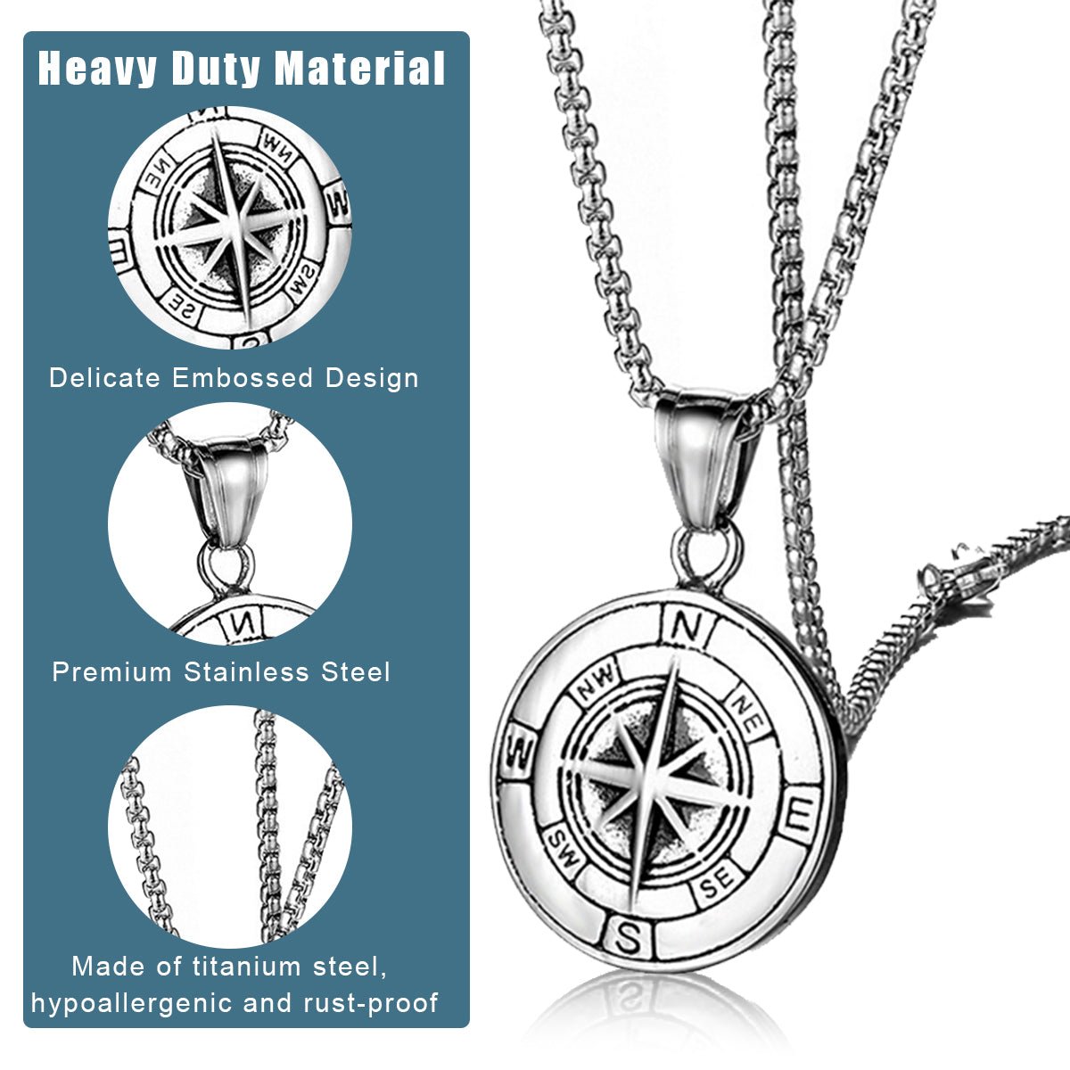 SANNIDHI Titanium Steel Necklace with Pendent for Men,Men Chain Pendent Creative Compass Pendants Jewelry with Gift Packing-Silver