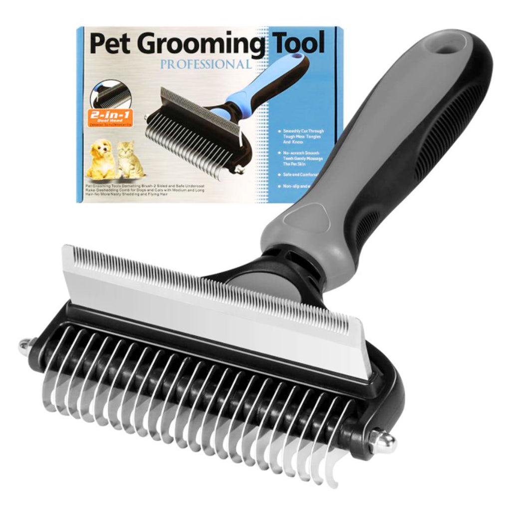 Qpets Dog Brush Dogs Comb 2 in 1 Deshedding Tool& Dematting Undercoat Rake for Mats& Tangles Removing, Dog Grooming Kit, Pet Brush,Great for Short to Long Hair Small Large Breeds(Grey)