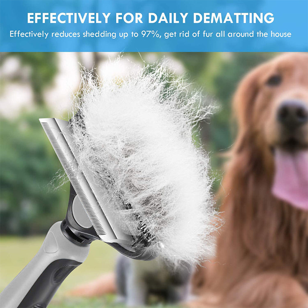 Qpets Dog Brush Dogs Comb 2 in 1 Deshedding Tool& Dematting Undercoat Rake for Mats& Tangles Removing, Dog Grooming Kit, Pet Brush,Great for Short to Long Hair Small Large Breeds(Grey)