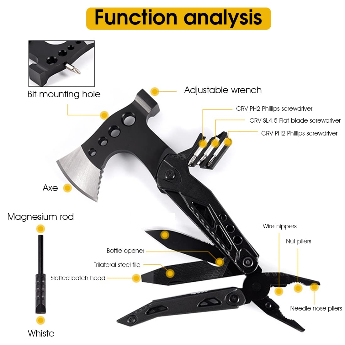 Proberos Foldable Multi Tools Kit, 15 in 1 Multifunction Axe Tool Camping Accessories for Hiking Household, Foldable Hammer Axe Plier Bottle Opener Whistle Camping Equipment with 3 Screw Bit