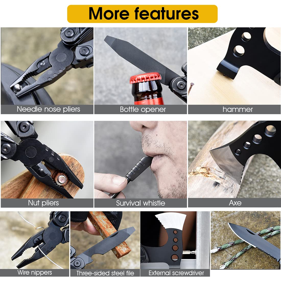 Proberos Foldable Multi Tools Kit, 15 in 1 Multifunction Axe Tool Camping Accessories for Hiking Household, Foldable Hammer Axe Plier Bottle Opener Whistle Camping Equipment with 3 Screw Bit