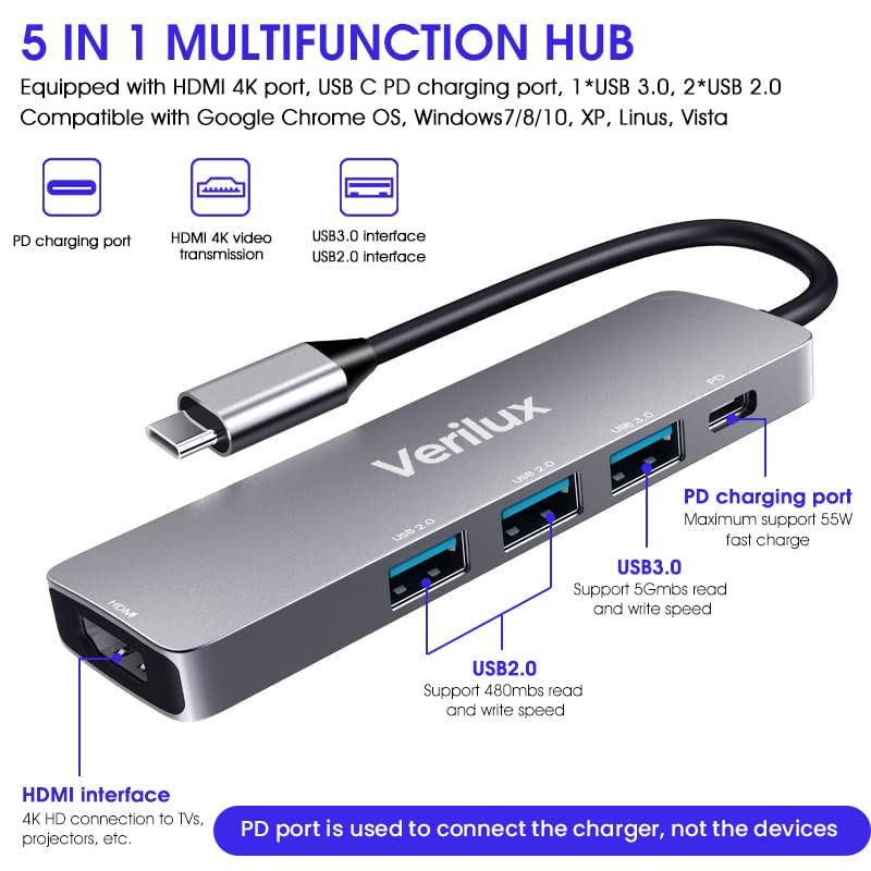 Verilux  USB C Hub, 5 in 1 Portable Aluminum USB Hub Type C Hub with 4K HDMI Output, USB 3.0 Ports,USB C 100W PD, Compatible with,MacBook Pro/Air/ipad Pro 2018. More USB C Devices