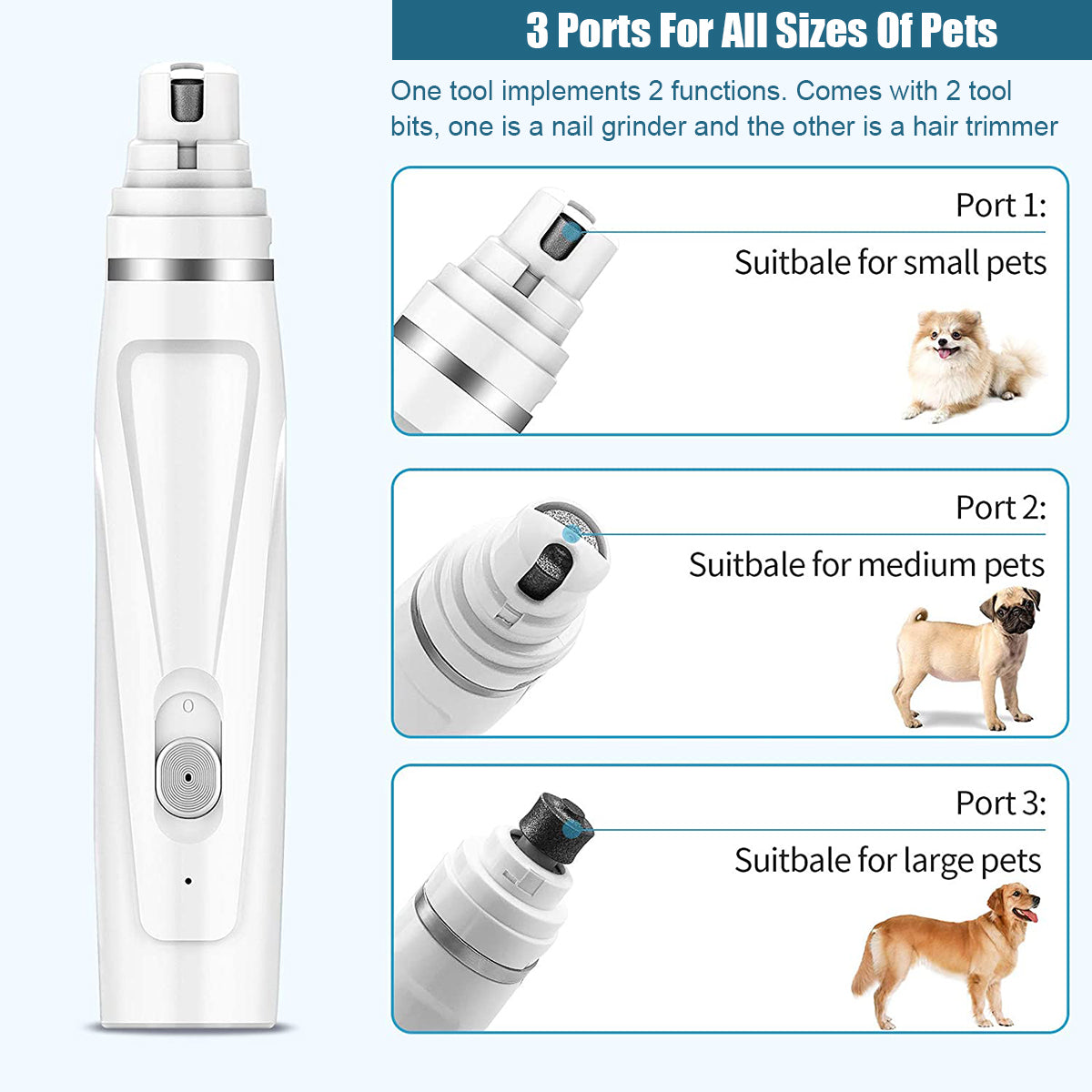 Qpets USB Rechargable 2 in 1 Dog Nail Trimmer and Dog Hair Trimmer for Small Area, Lower 58 DB Dog Nail Grinder and Dog Hair Clipper for Dogs and Cats