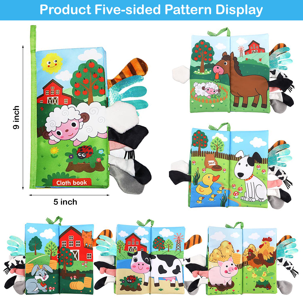 PATPAT 3D Baby Cloth Book,Cute Farm Animal Theme Soft Cloth Books, Sensory Book,6 Pages Early Development Baby Cloth Book for Baby Toddler 3-18 Months (Farm Tails Cloth Book) Yellow