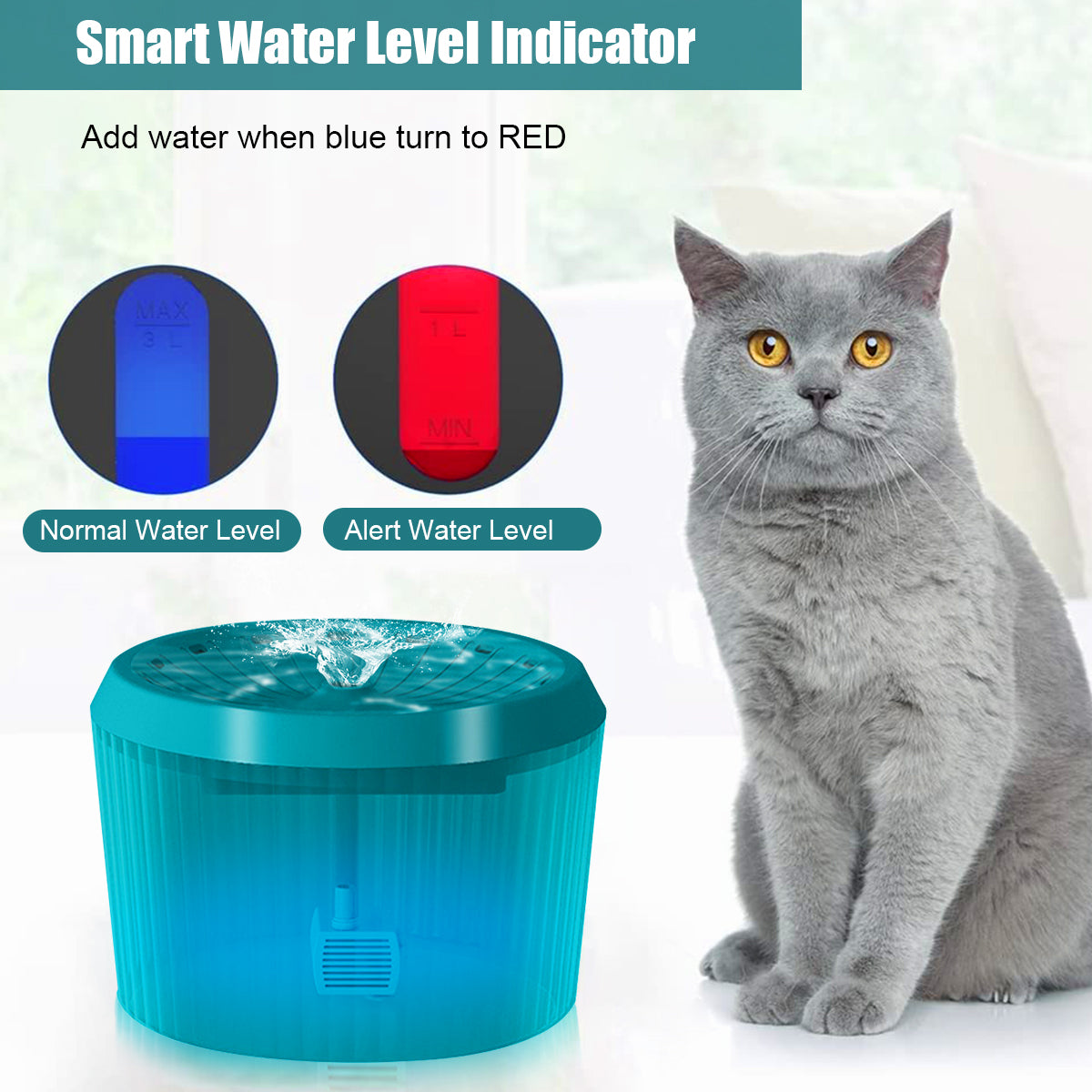 Qpets 2L Cat Water Fountain with Led Indicator Light, Safe Cat Dog Water Dispenser with Filter,Water Dispenser for Cat, Dog Water Fountain Dog Water Fountain for Cats USB Plug and Play(Green)