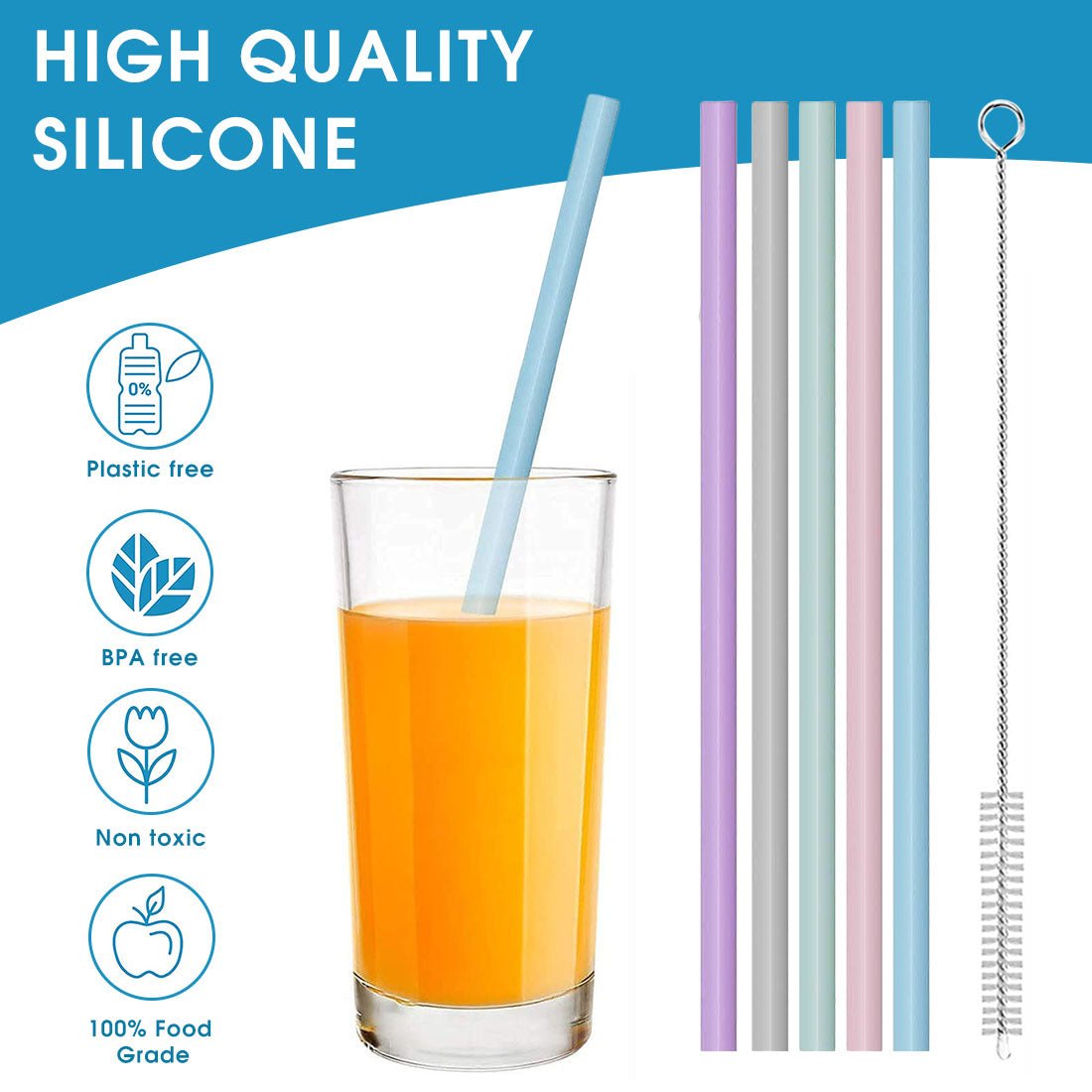 HASTHIP 5Pcs Silicone Straws, 9.8Inch Straws for Kids, Reusable, Portable Straws for 20 oz 30 oz Water Glasses with Cloth Bag and Cleaning Brush