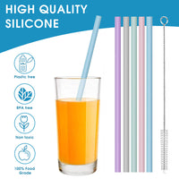HASTHIP 5Pcs Silicone Straws, 9.8Inch Straws for Kids, Reusable, Portable Straws for 20 oz 30 oz Water Glasses with Cloth Bag and Cleaning Brush