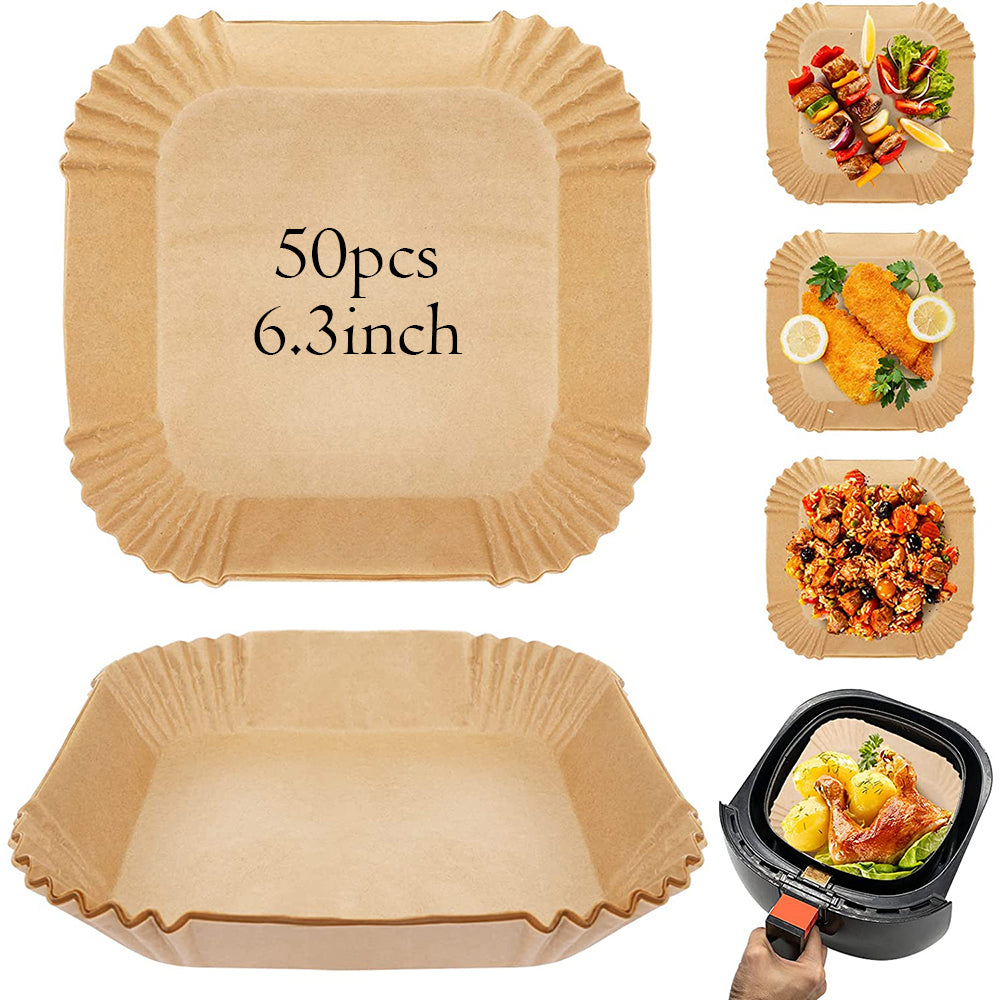 HASTHIP  50Pcs Air Fryer Disposable Paper Liner, Non-Stick Parchment Paper Plate, Oil-Proof Air Fryer Parchment Paper for Frying, Baking, Cooking, Roasting and Microwave (6.3 inches, Brown)
