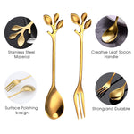 HASTHIP Golden Spoon Set/Coffee Spoon/Dessert Fork/Cutlery Kitchen Tableware/Stainless Steel Gold Leaf Coffee Spoon Appetizer Fork, 4.7 Inches, 4 Pcs (Gold-2 Spoon+2 Forks)