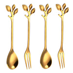 HASTHIP Golden Spoon Set/Coffee Spoon/Dessert Fork/Cutlery Kitchen Tableware/Stainless Steel Gold Leaf Coffee Spoon Appetizer Fork, 4.7 Inches, 4 Pcs (Gold-2 Spoon+2 Forks)