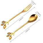 HASTHIP Golden Spoon Set/Coffee Spoon/Dessert Fork/Cutlery Kitchen Tableware/Stainless Steel Gold Leaf Coffee Spoon Appetizer Fork, 4.7 Inches, 4 Pcs (Gold-2 Spoon+2 Forks)