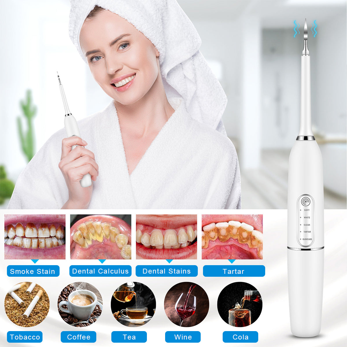 HANNEA Ultrasonic Tooth Care and Cleaner Kit Professional Stainless Steel Plaque Remover for Teeth Improving Teeth Stain Tartar